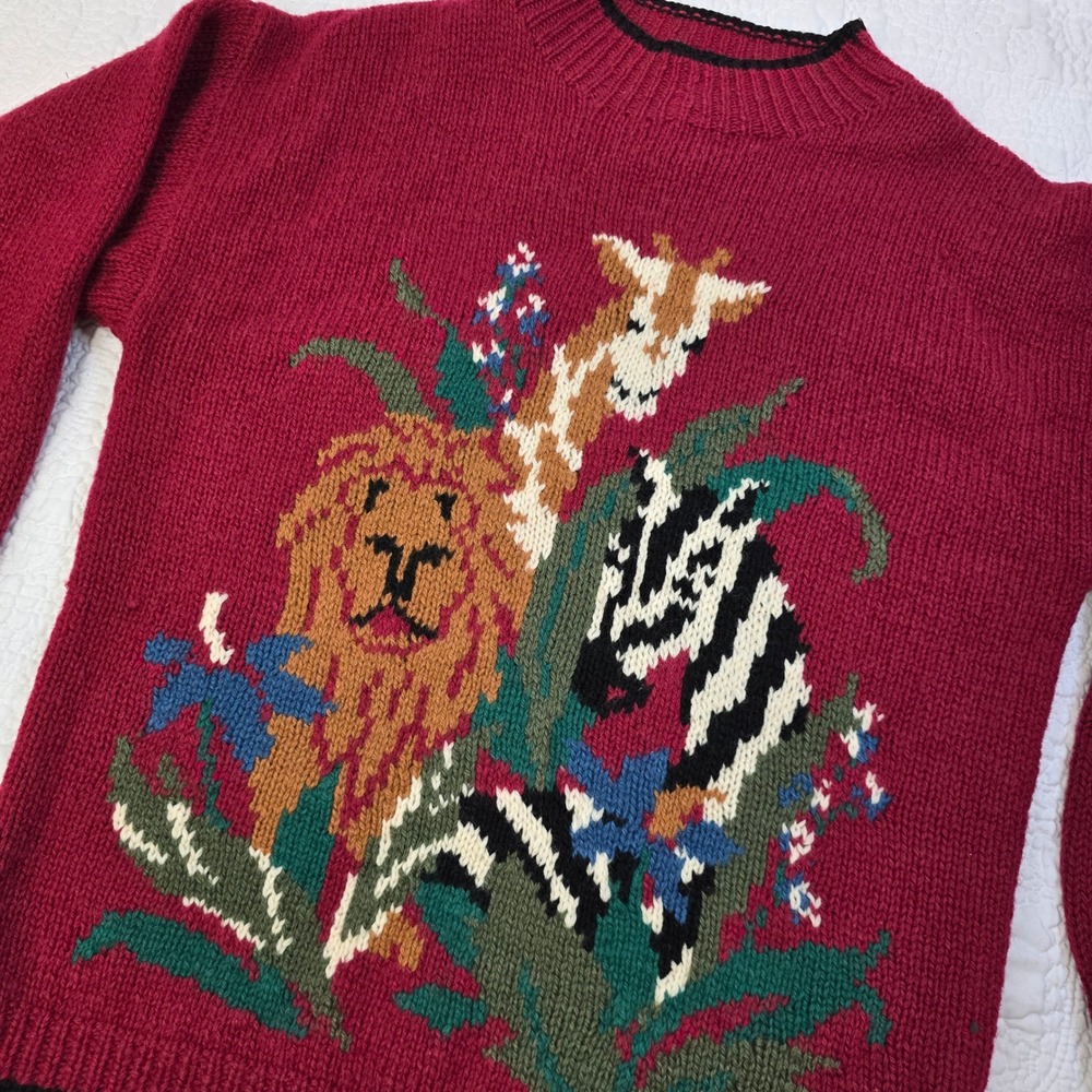 Charter‎ Club Jane Justin Hand Knit Wool Safari Sweater Red Giraffe Lion Zebra L